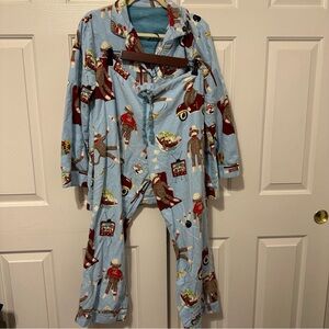 Nick & Nora Sock Monkey Women’s Pajama Set Bowling Cars M Blue Flannel Cozy
